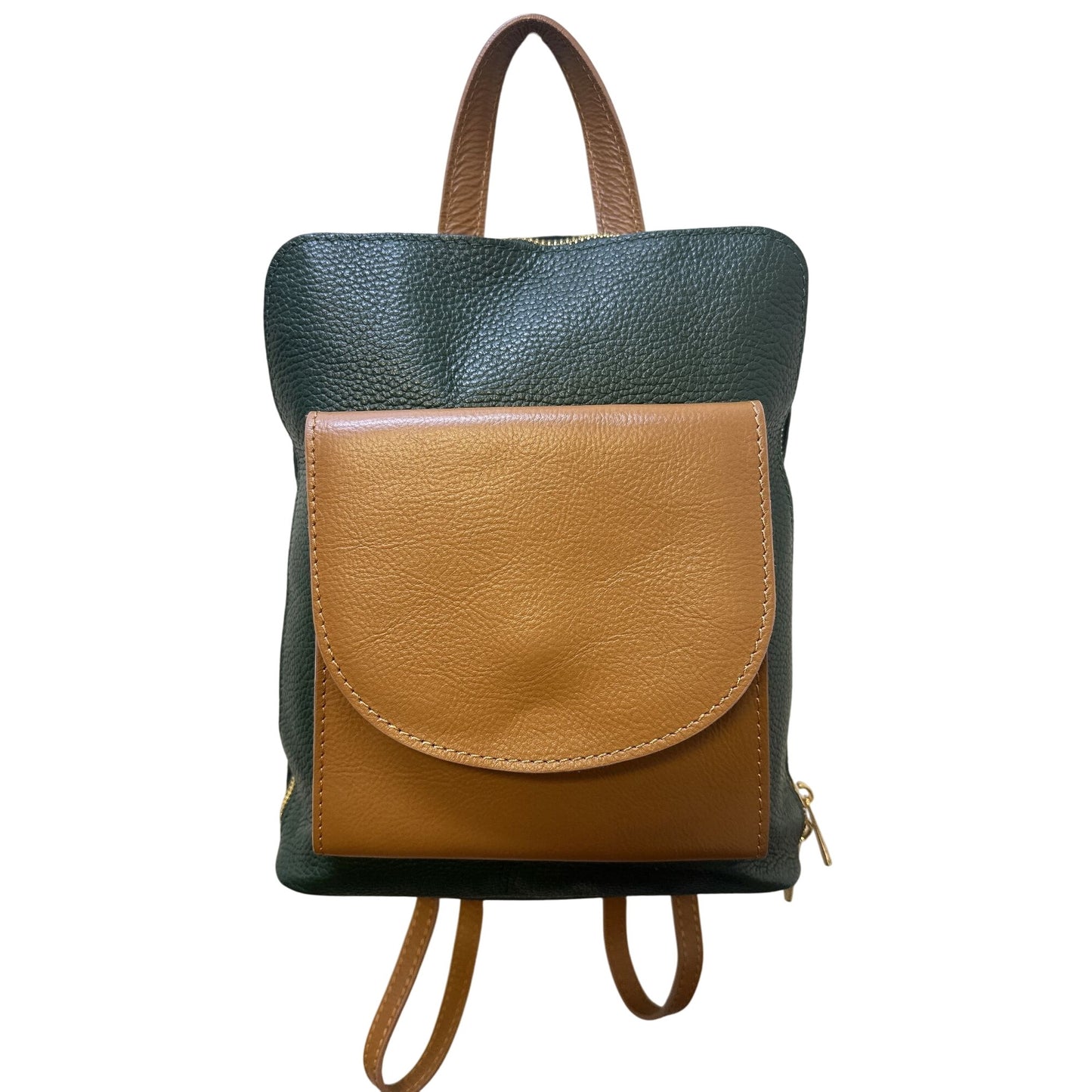 Divina Ferenze Two-Tone Green & Brown Faux Leather Backpack w/Magnetic Snap Pocket & Adjustable Straps