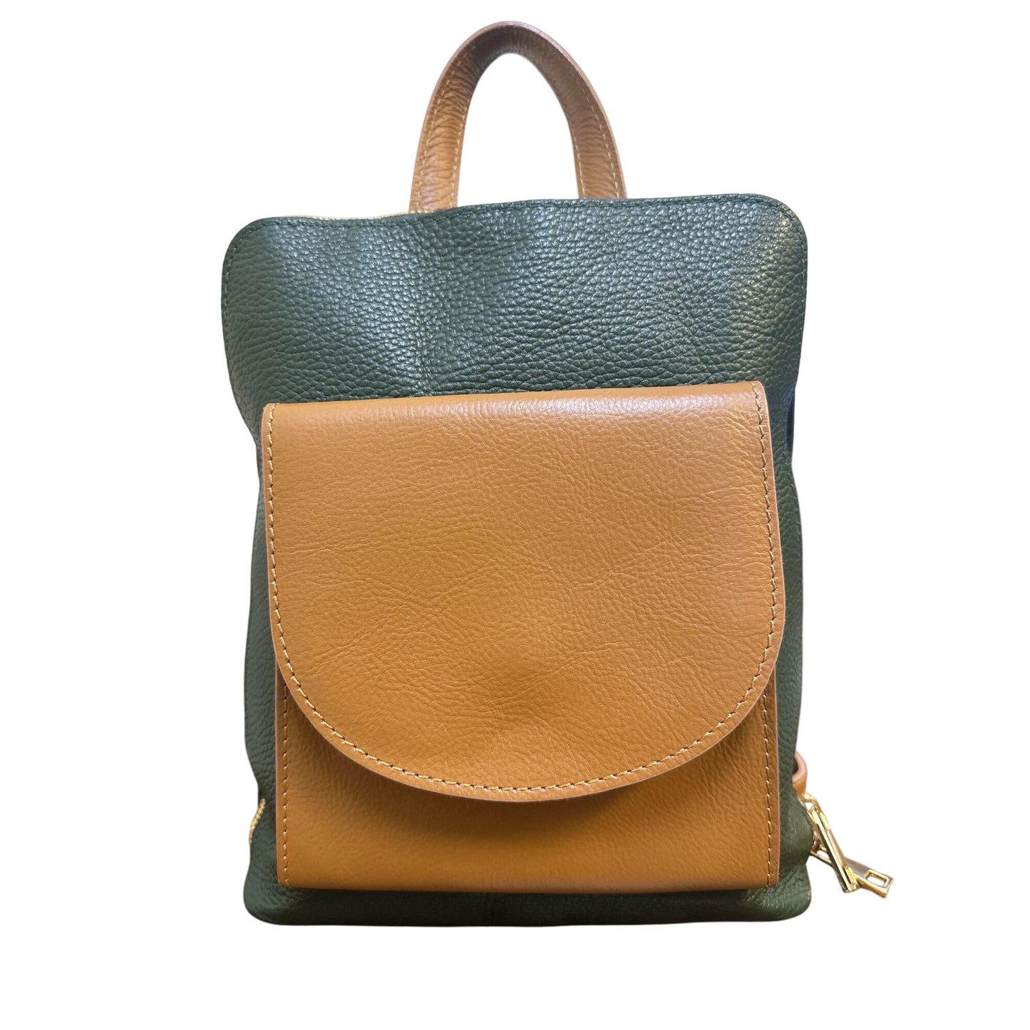 Divina Ferenze Two-Tone Green & Brown Faux Leather Backpack w/Magnetic Snap Pocket & Adjustable Straps