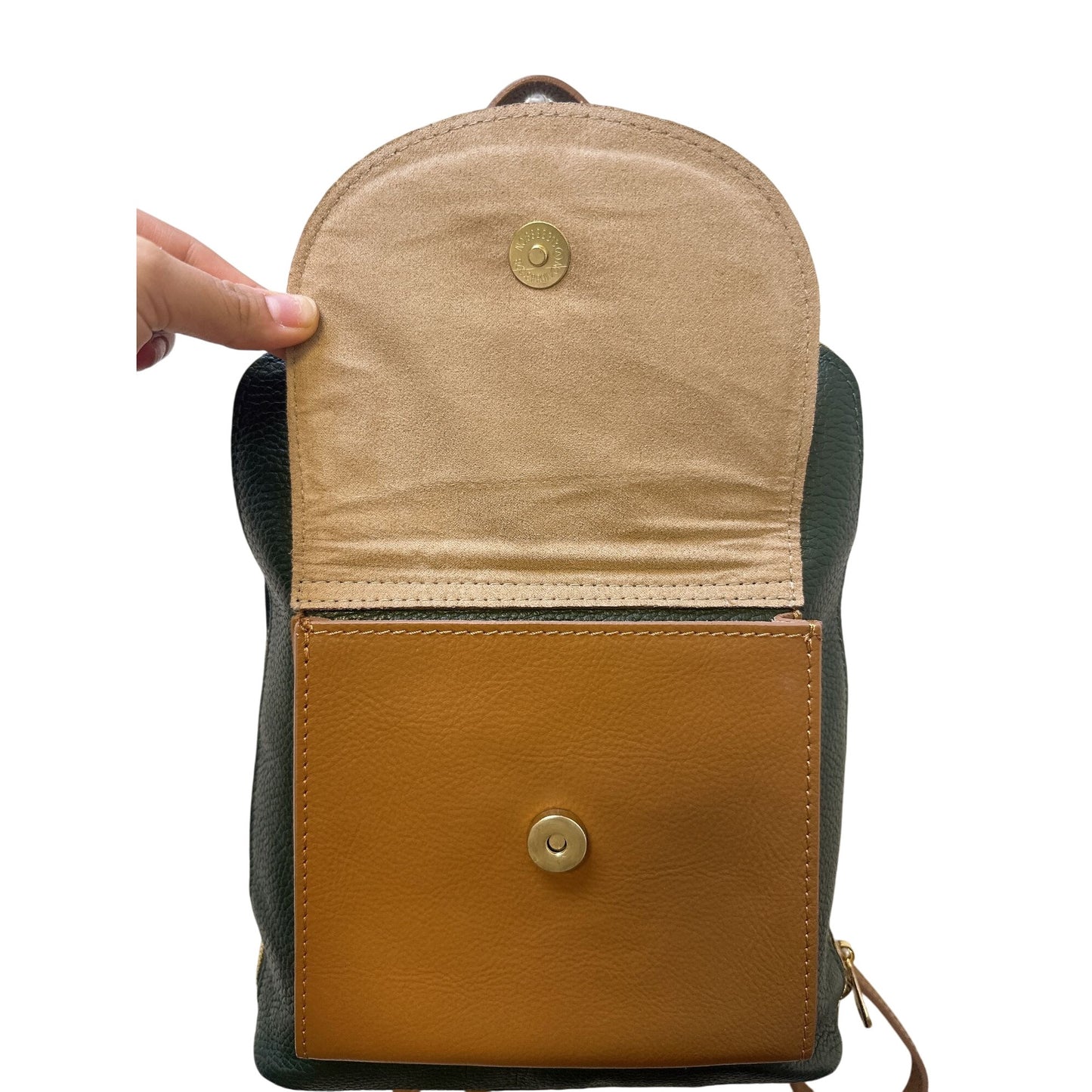 Divina Ferenze Two-Tone Green & Brown Faux Leather Backpack w/Magnetic Snap Pocket & Adjustable Straps