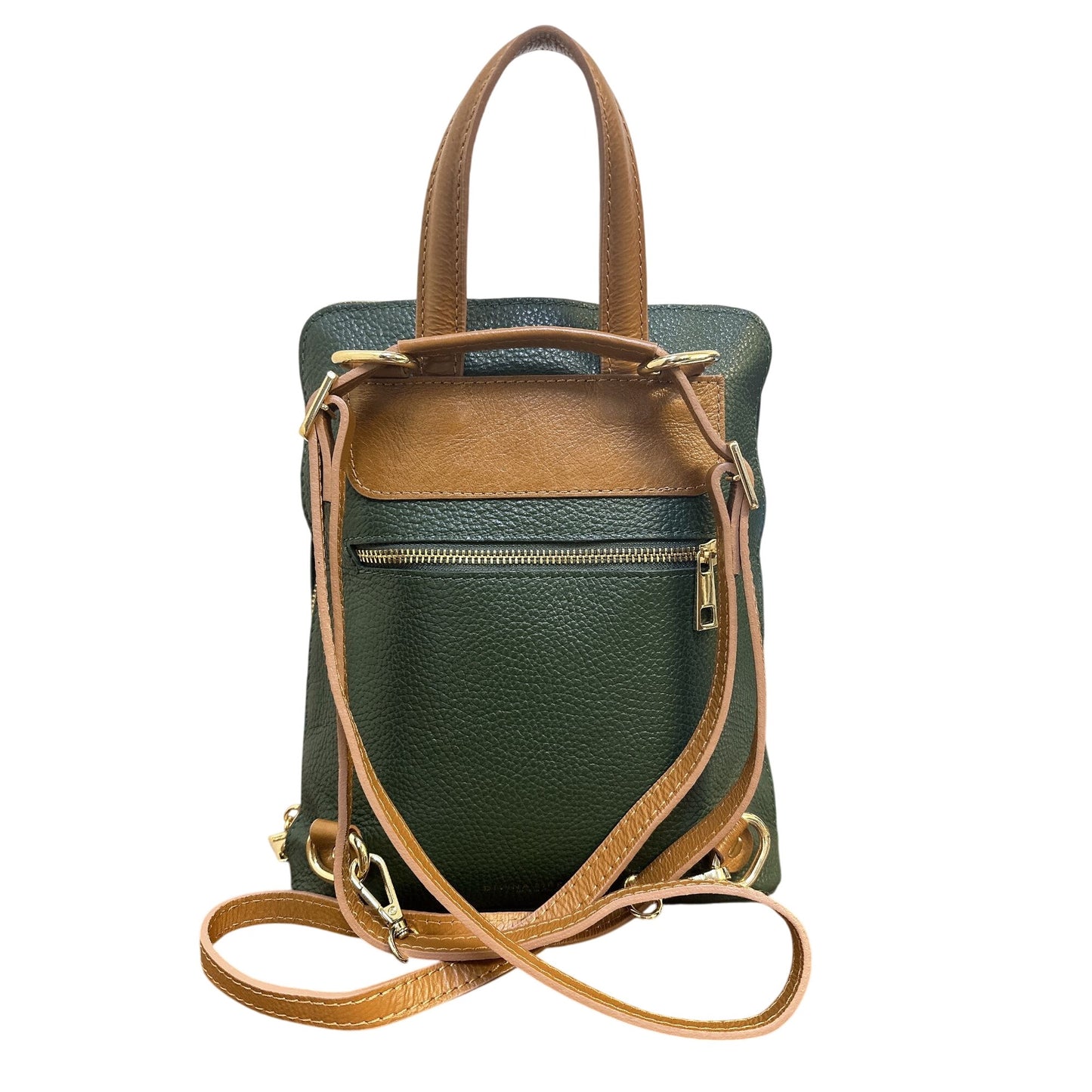 Divina Ferenze Two-Tone Green & Brown Faux Leather Backpack w/Magnetic Snap Pocket & Adjustable Straps