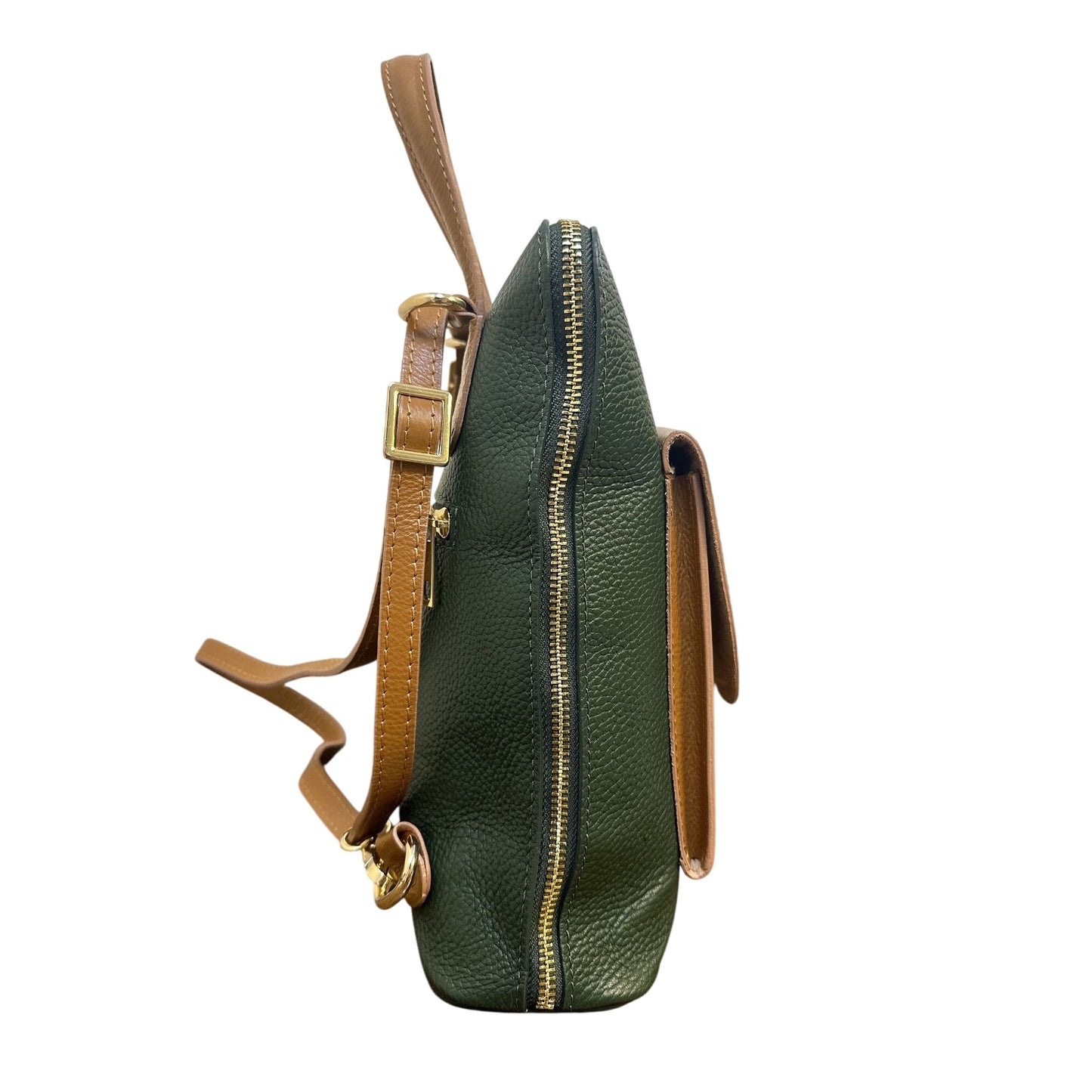 Divina Ferenze Two-Tone Green & Brown Faux Leather Backpack w/Magnetic Snap Pocket & Adjustable Straps