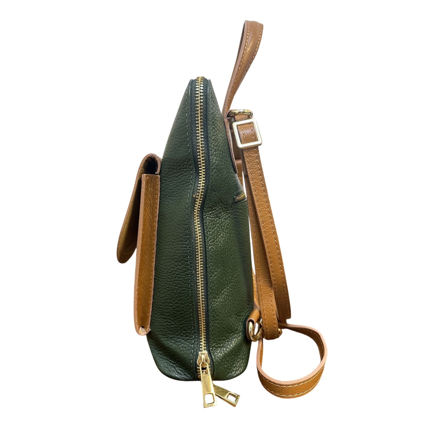 Divina Ferenze Two-Tone Green & Brown Faux Leather Backpack w/Magnetic Snap Pocket & Adjustable Straps