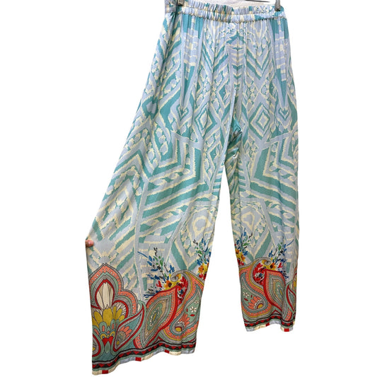 NWT Johnny Was Turquoise Patterned Wide-Leg Pants Size L