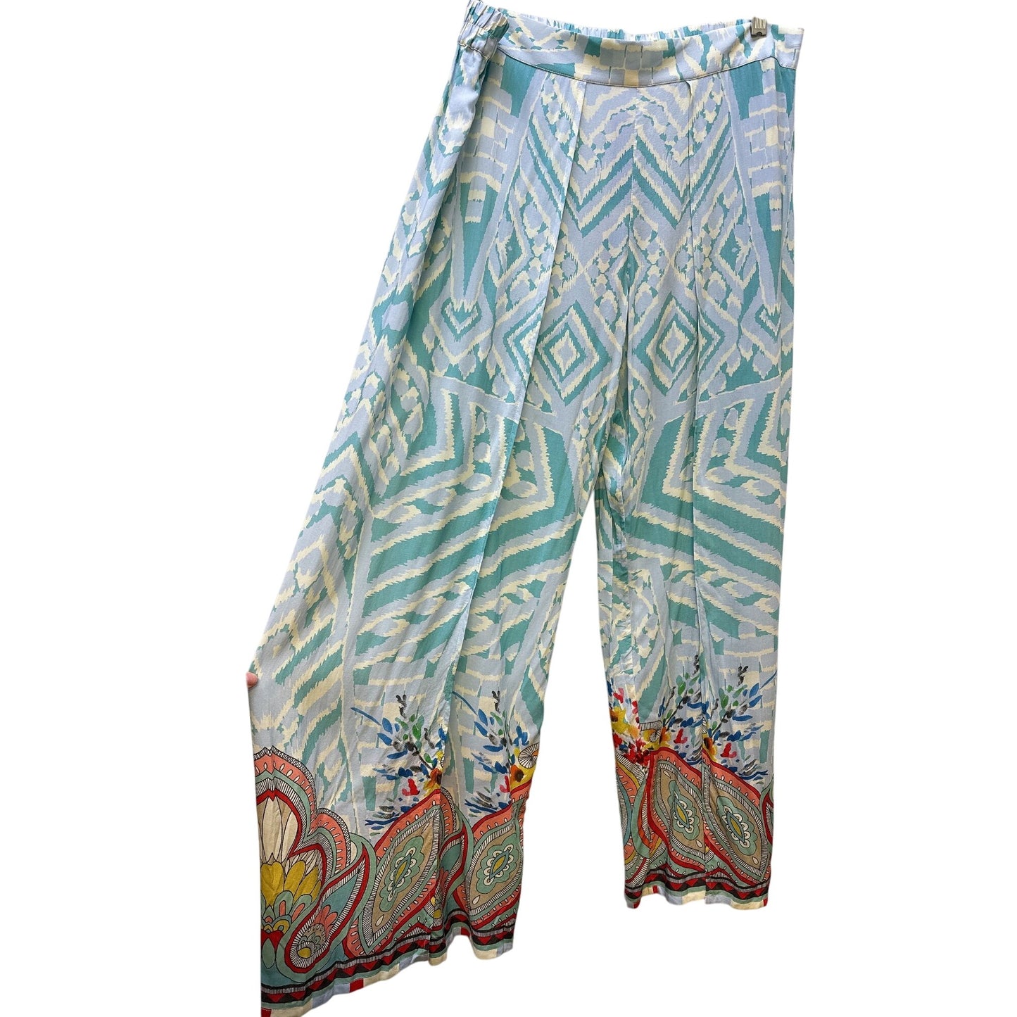 NWT Johnny Was Turquoise Patterned Wide-Leg Pants Size L