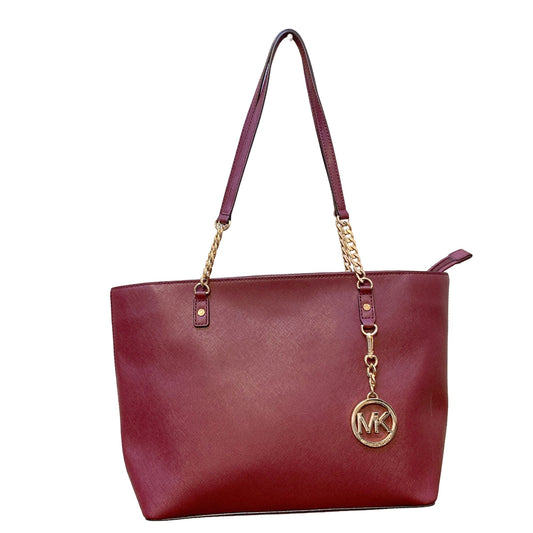 Michael Kors Burgundy Leather Tote Bag With Gold Chain Straps