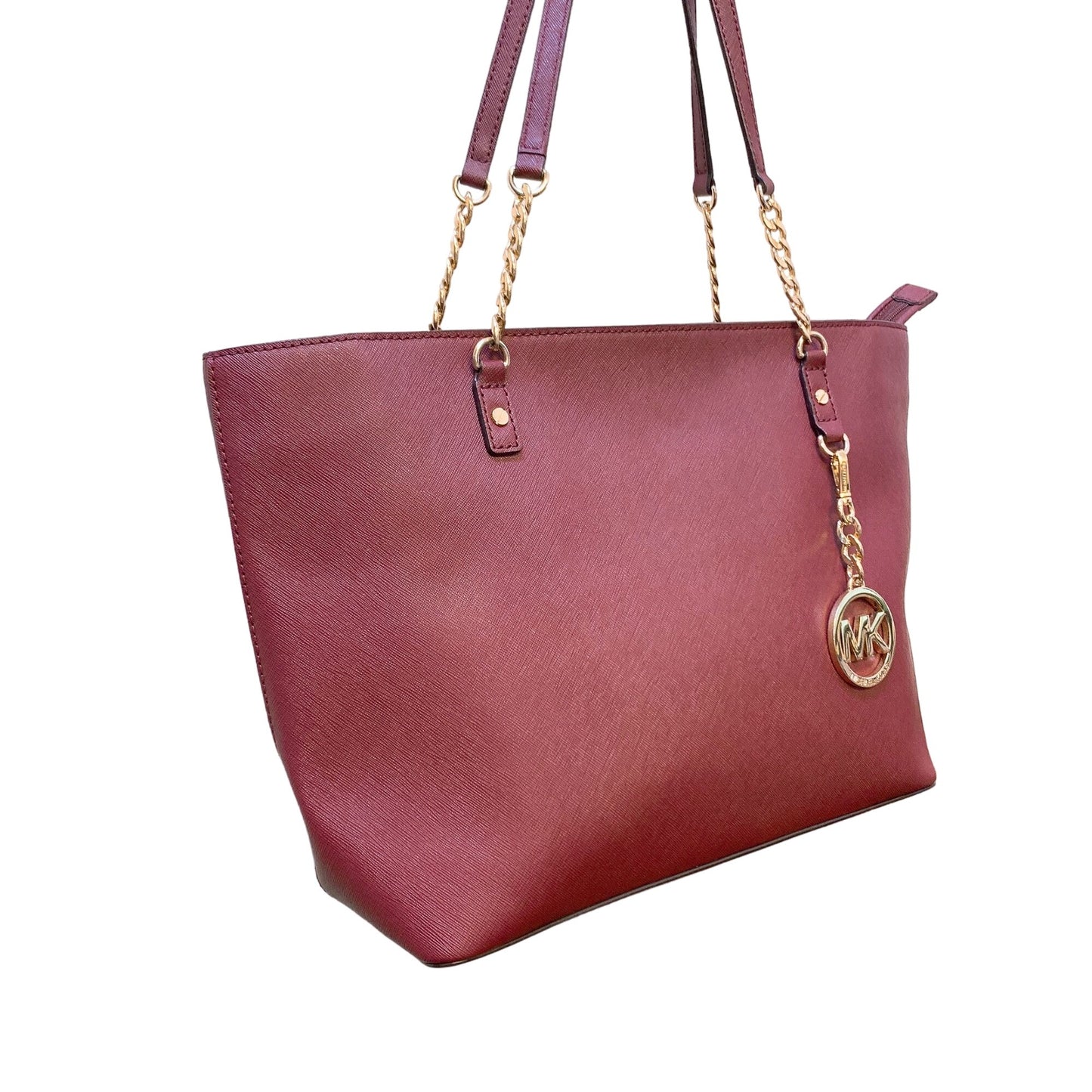 Michael Kors Burgundy Leather Tote Bag With Gold Chain Straps