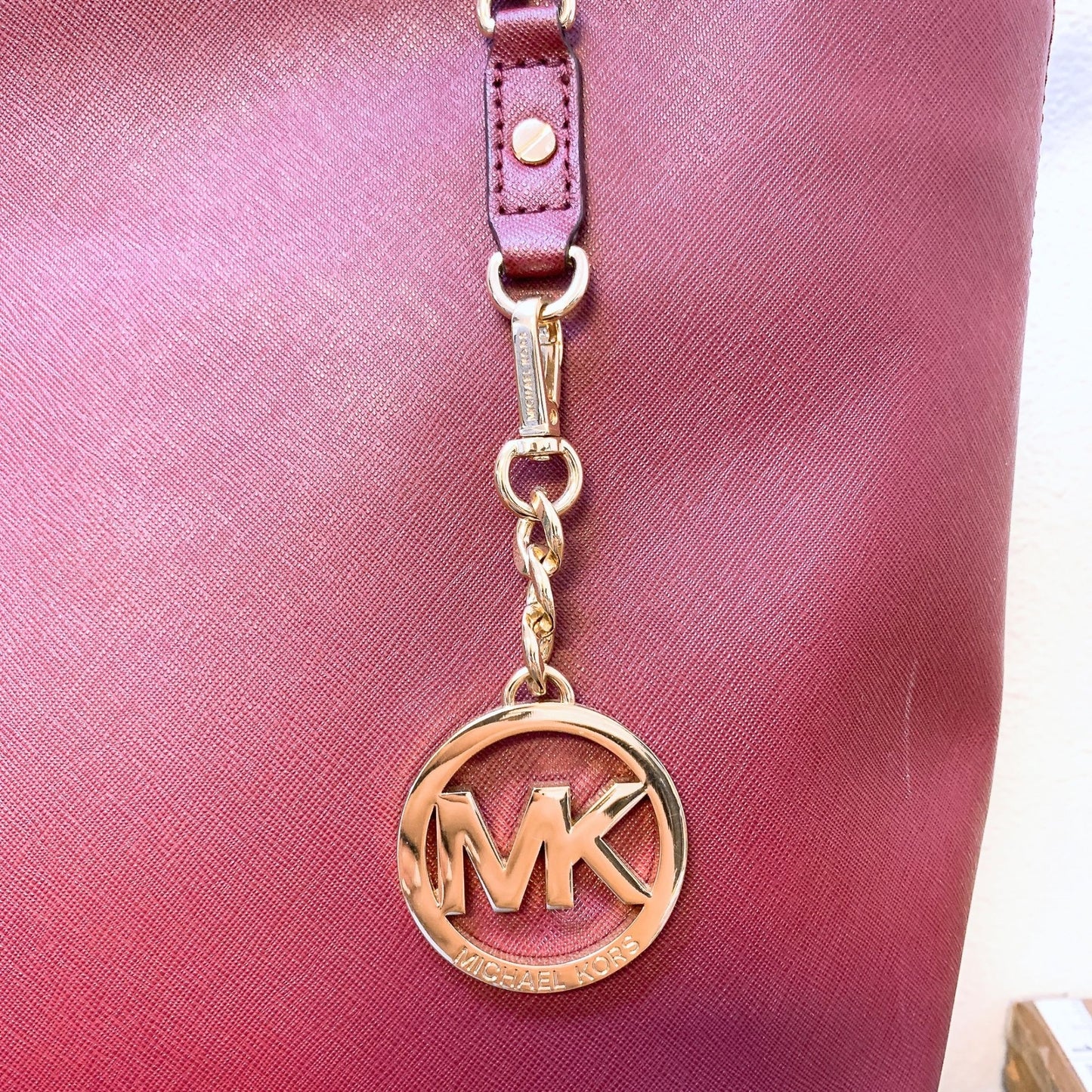 Michael Kors Burgundy Leather Tote Bag With Gold Chain Straps