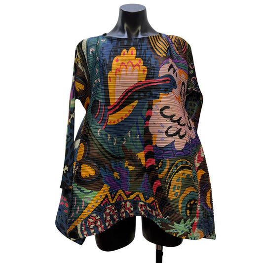 Pleats Please Multi-Color Abstract Print Long-Sleeve Blouse L