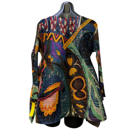 Pleats Please Multi-Color Abstract Print Long-Sleeve Blouse L