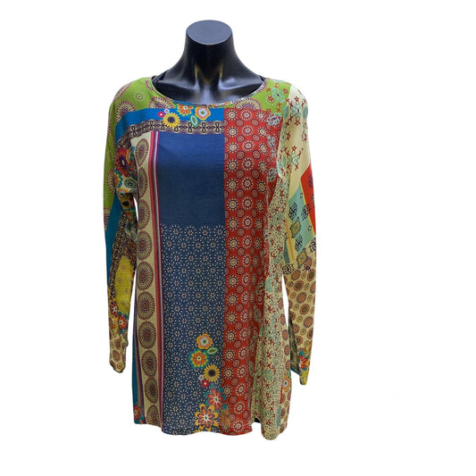 Johnny Was Multicolor Patchwork Long Sleeve Tunic Blouse Size S