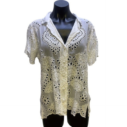 Johnny Was White Embroidered Eyelet Button Up Blouse M