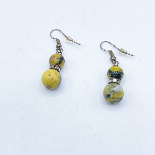 Handmade Yellow & Black Beaded Drop Earrings With 925 Sterling Silver Hooks