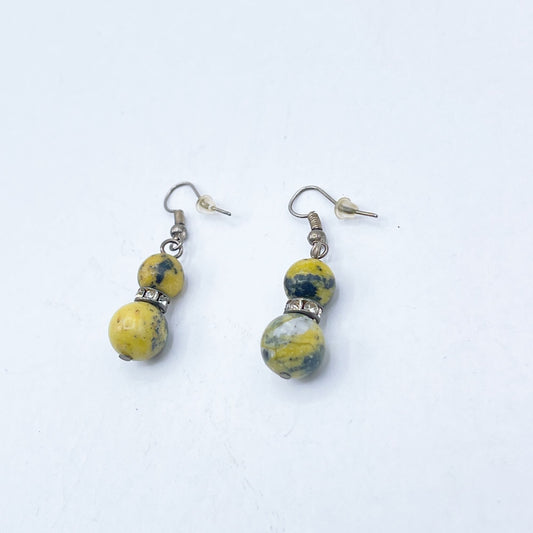 Handmade Yellow & Black Beaded Drop Earrings With 925 Sterling Silver Hooks