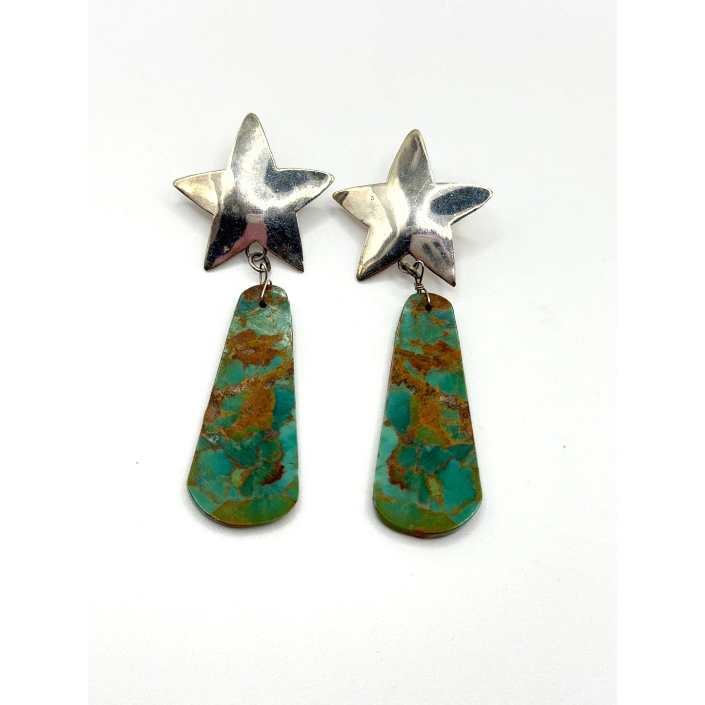 Sterling Silver Star Earrings With Turquoise Dangling Drops Vintage Handmade 925