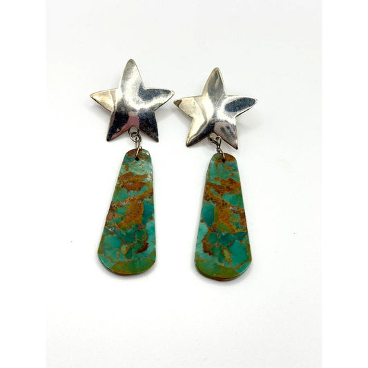 Sterling Silver Star Earrings With Turquoise Dangling Drops Vintage Handmade 925