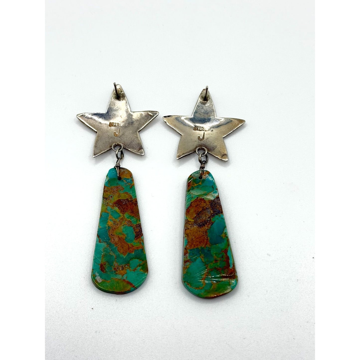 Sterling Silver Star Earrings With Turquoise Dangling Drops Vintage Handmade 925