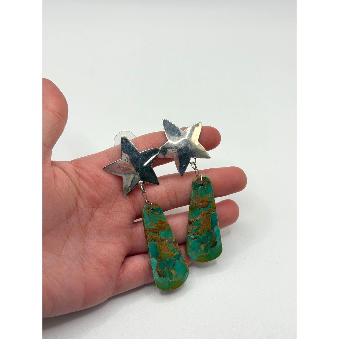 Sterling Silver Star Earrings With Turquoise Dangling Drops Vintage Handmade 925