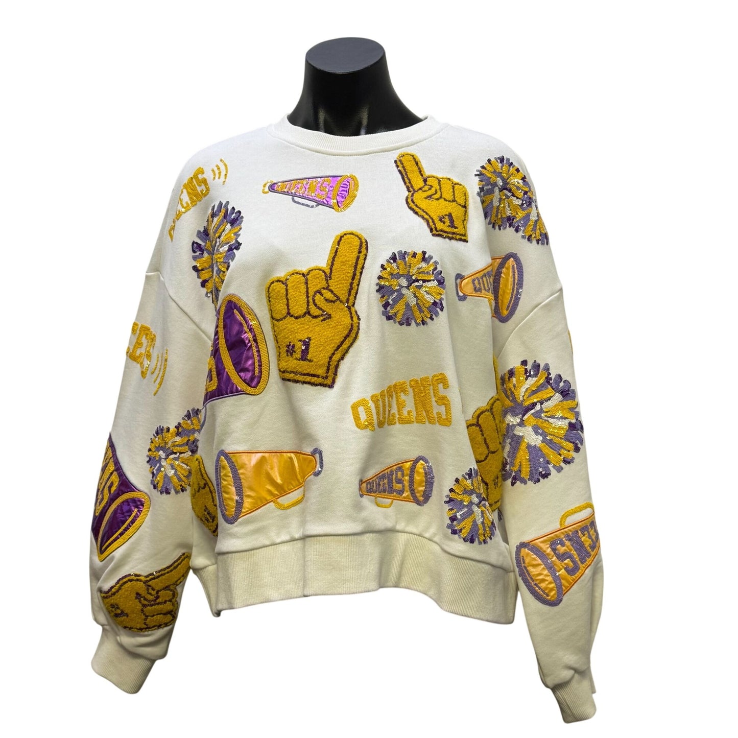 Queen Of Sparkles Cheer-Themed White Sweater Embroidery Crewneck Size S