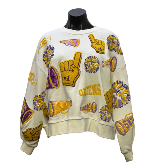Queen Of Sparkles Cheer-Themed White Sweater Embroidery Crewneck Size S