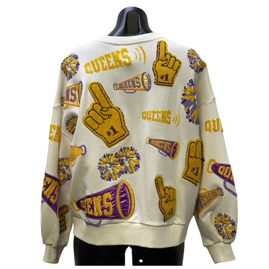 Queen Of Sparkles Cheer-Themed White Sweater Embroidery Crewneck Size S