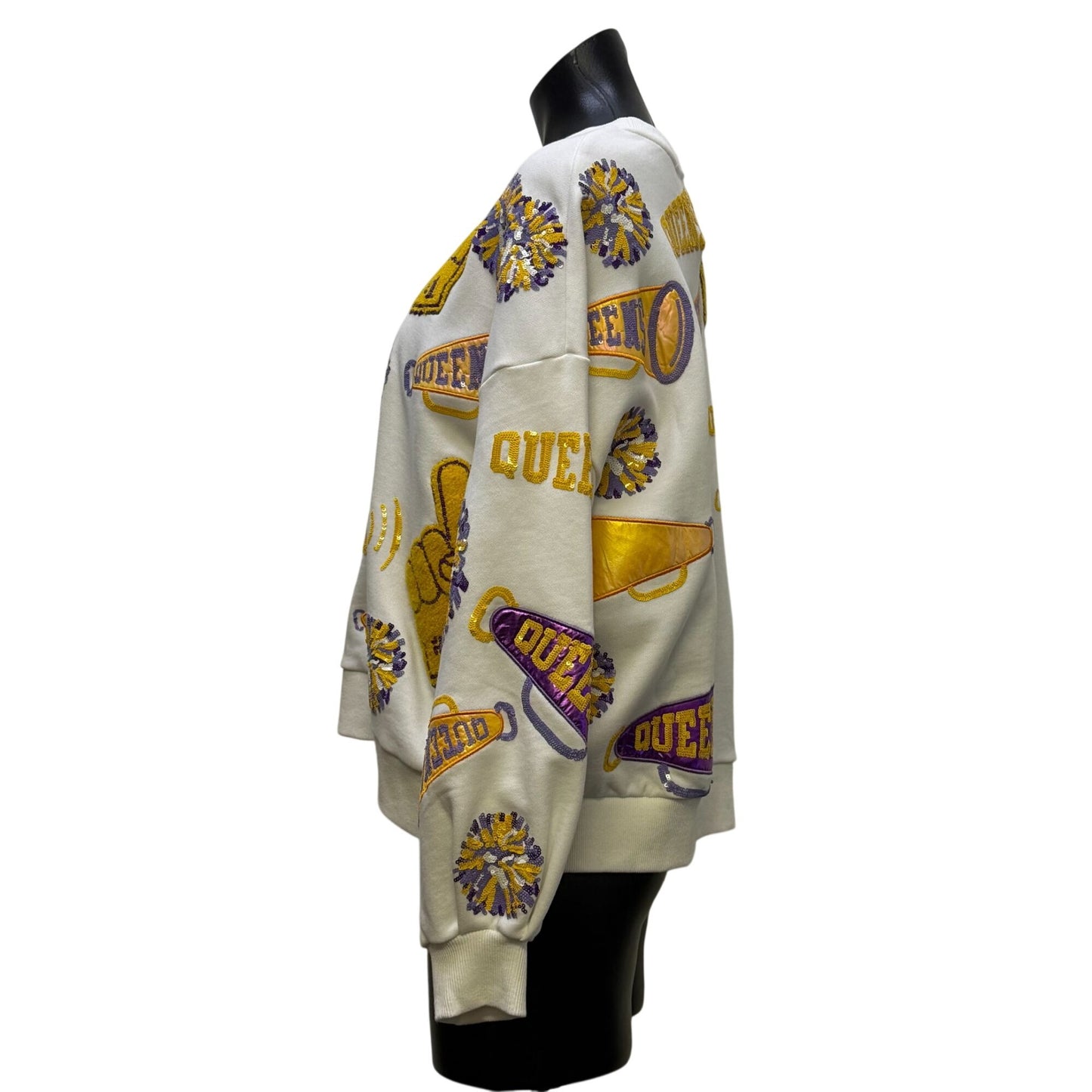 Queen Of Sparkles Cheer-Themed White Sweater Embroidery Crewneck Size S