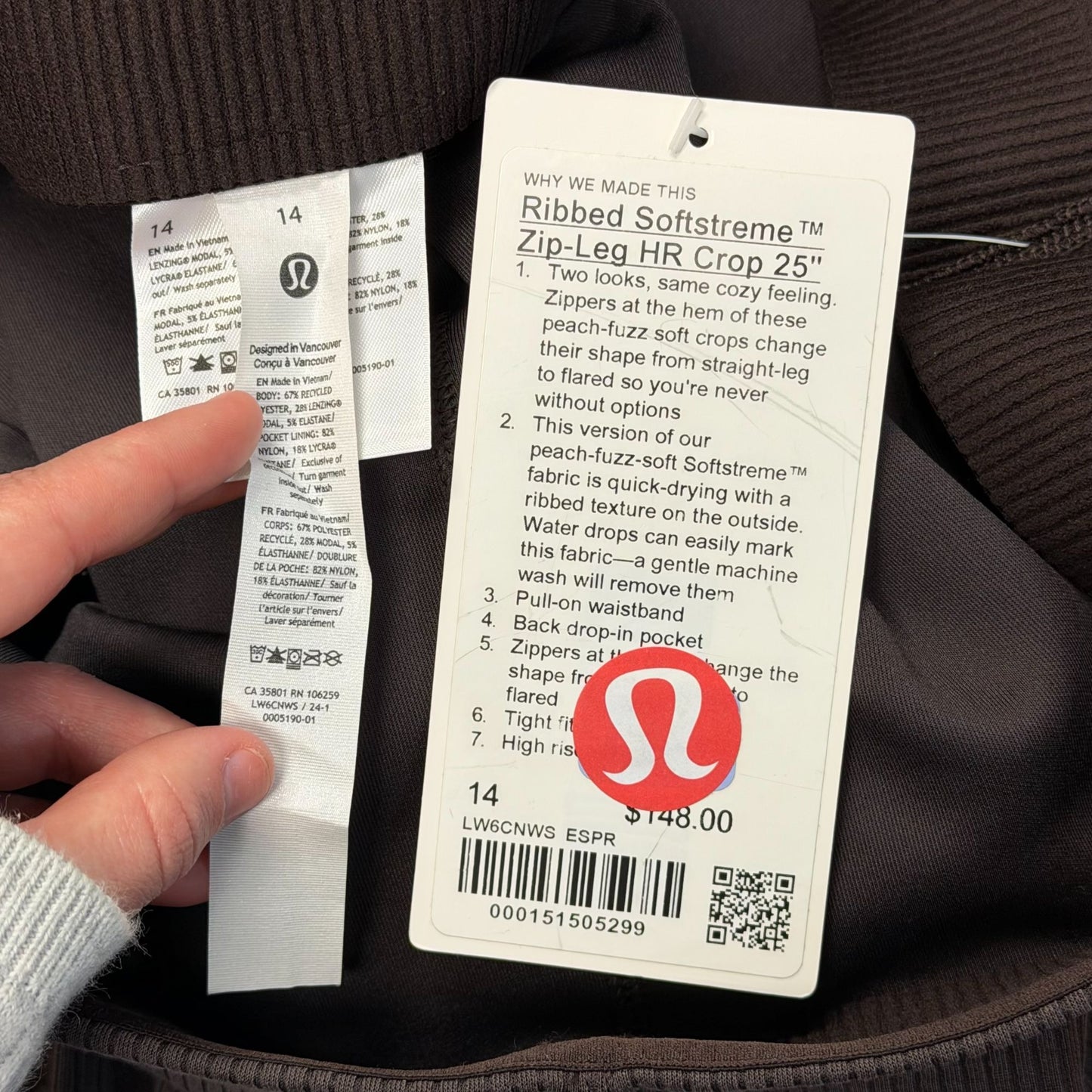 Lululemon Ribbed Softstreme High-Rise Zip-Leg Crop Pants Taupe 14