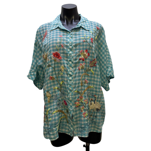 Johnny Was Embroidered Plaid Button-Down Blouse Blue Multi Size L
