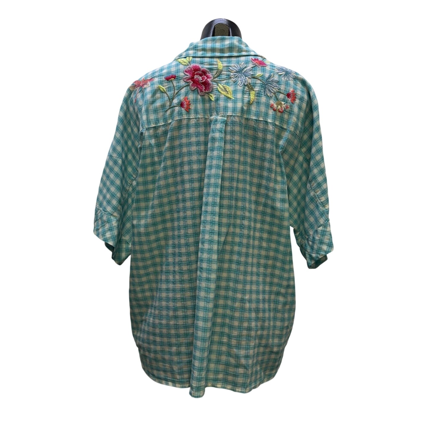Johnny Was Embroidered Plaid Button-Down Blouse Blue Multi Size L