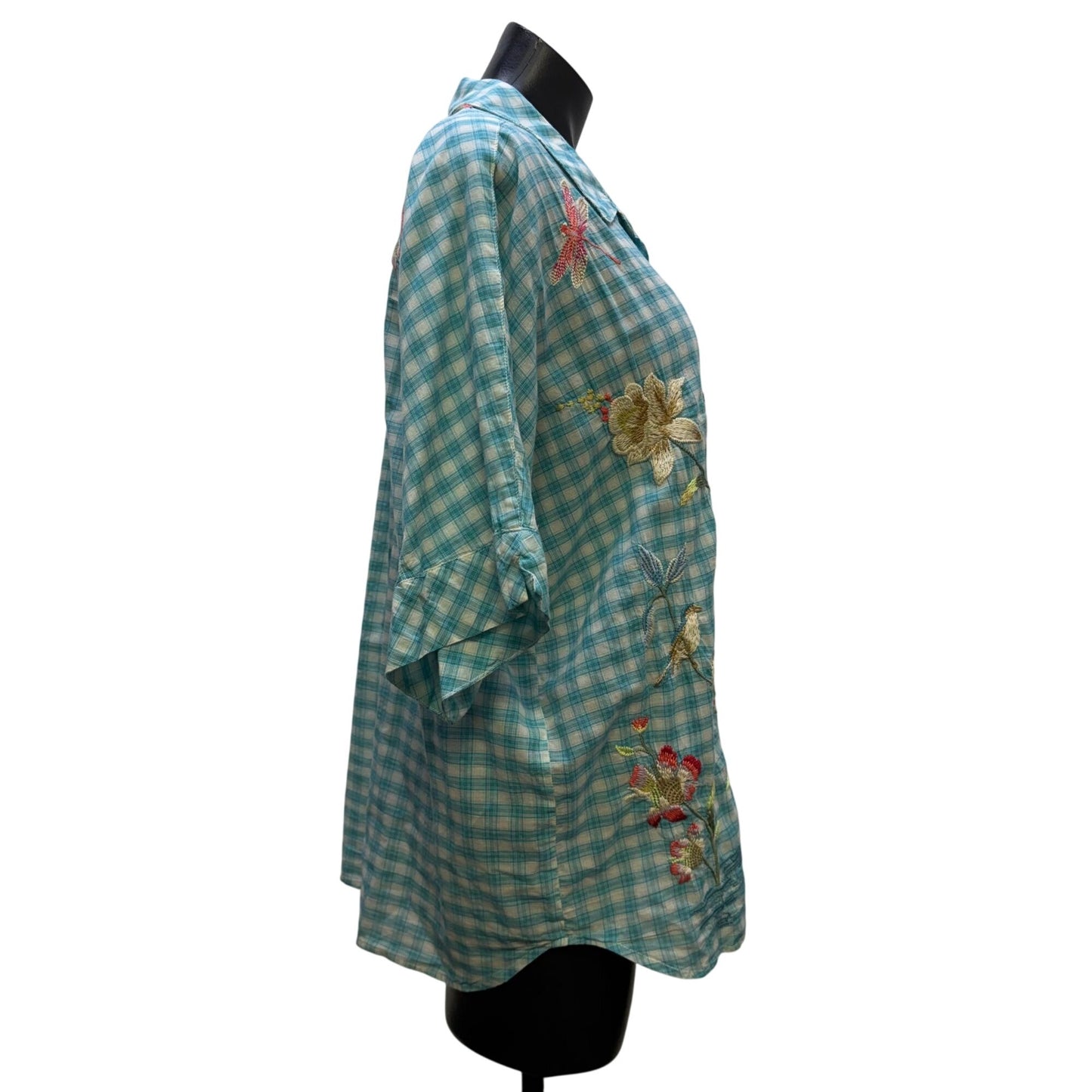 Johnny Was Embroidered Plaid Button-Down Blouse Blue Multi Size L