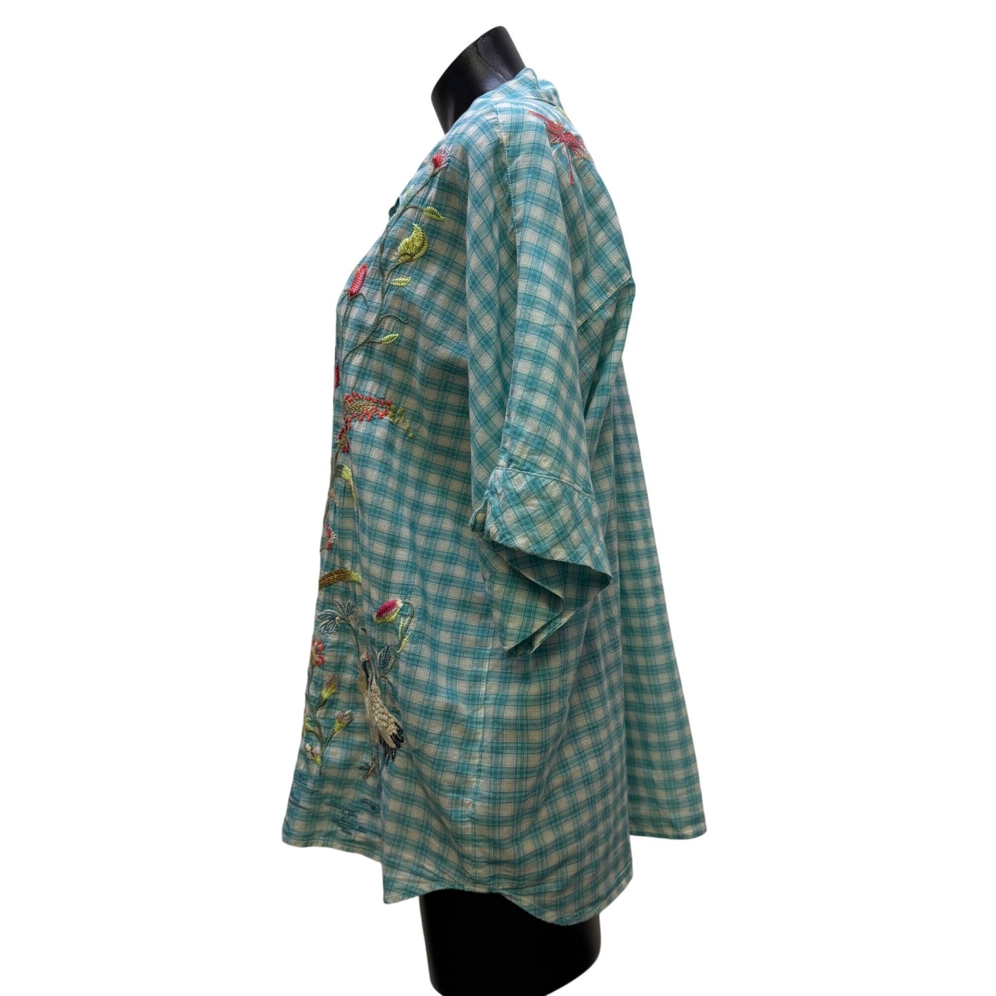Johnny Was Embroidered Plaid Button-Down Blouse Blue Multi Size L