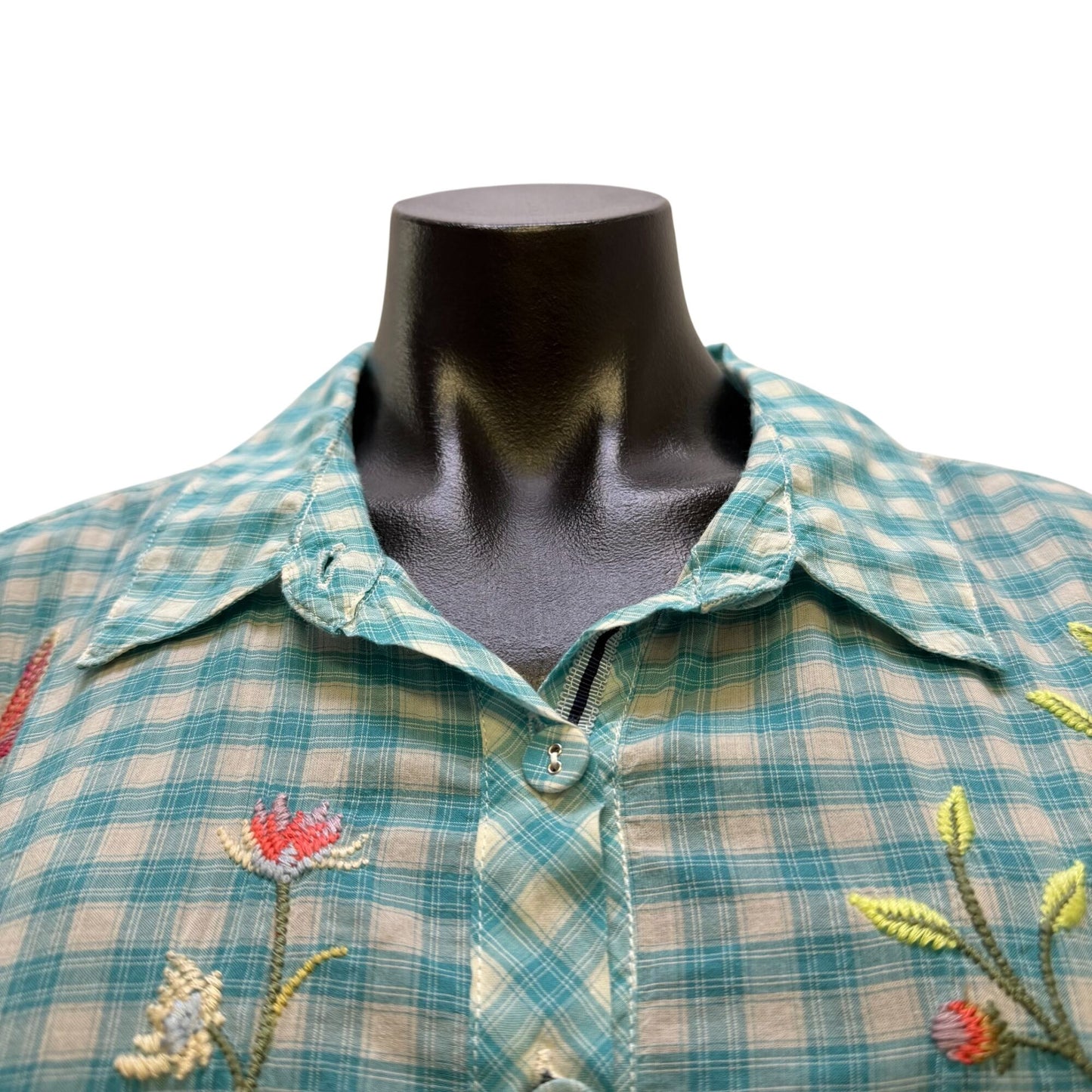 Johnny Was Embroidered Plaid Button-Down Blouse Blue Multi Size L