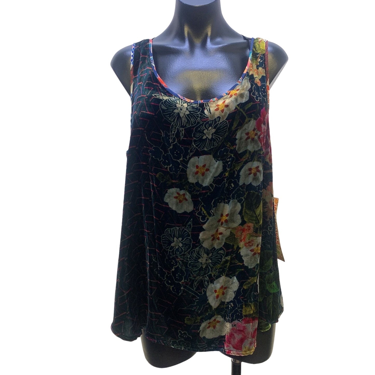 NWT Johnny Was Black w/Multicolored Print Velvet Tank Top Blouse Size XL