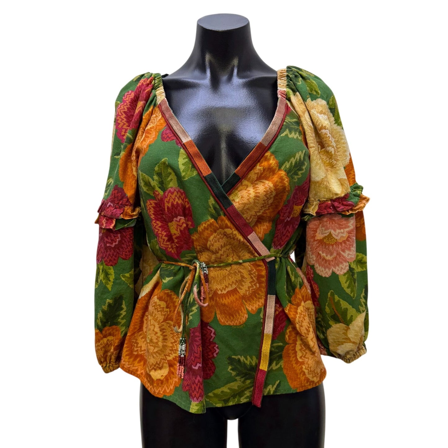 Farm Rio For Anthropologie Floral Wrap Blouse With Tie Waist & Long Sleeves S