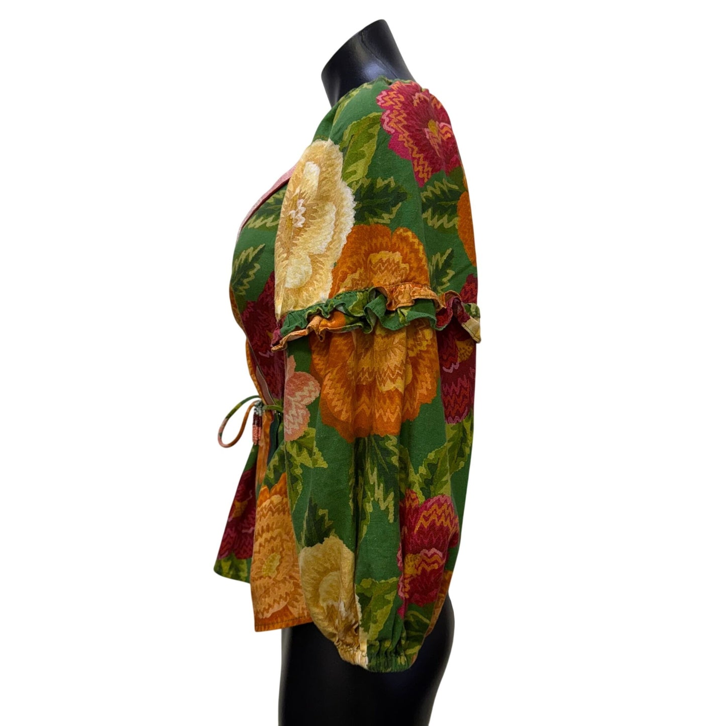 Farm Rio For Anthropologie Floral Wrap Blouse With Tie Waist & Long Sleeves S