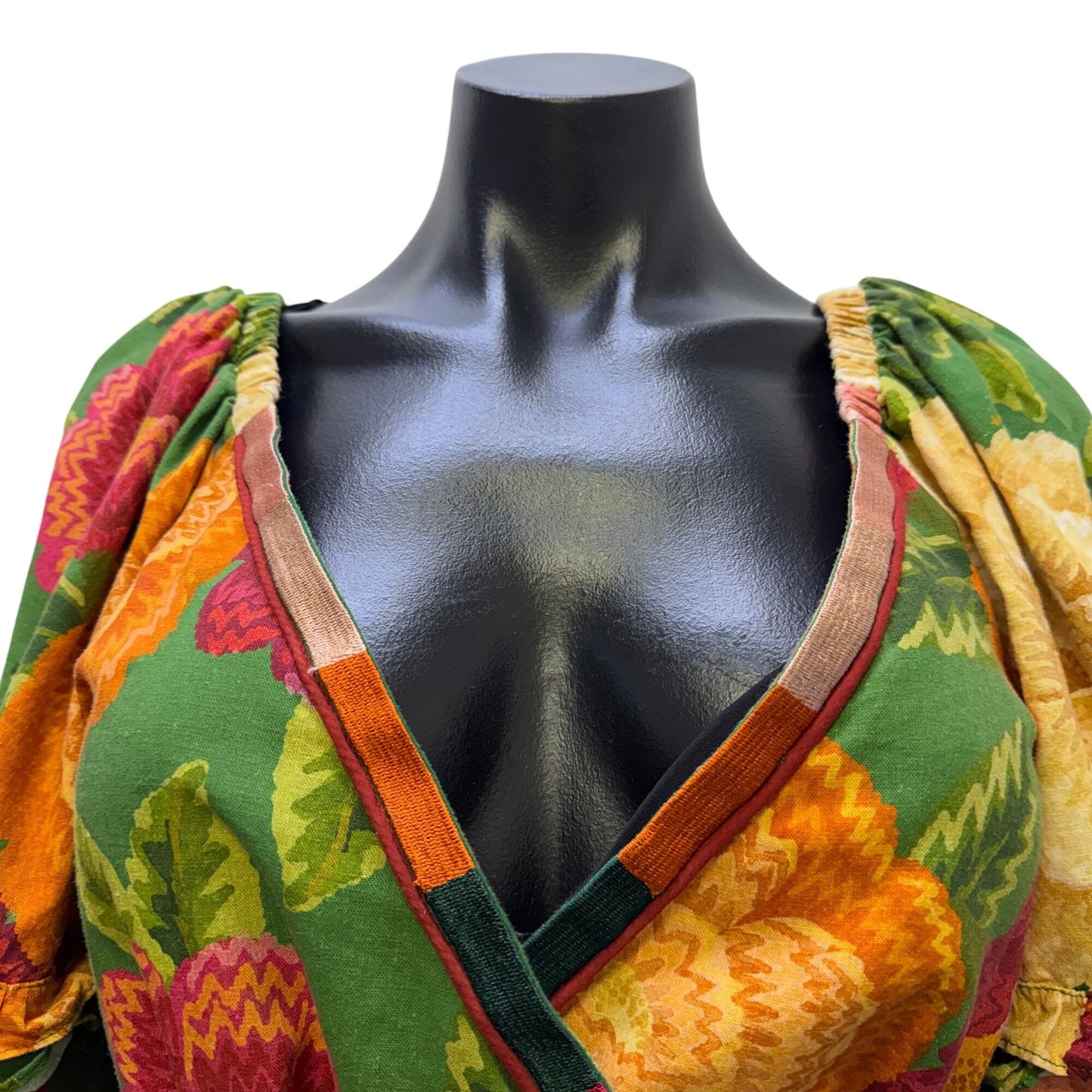 Farm Rio For Anthropologie Floral Wrap Blouse With Tie Waist & Long Sleeves S
