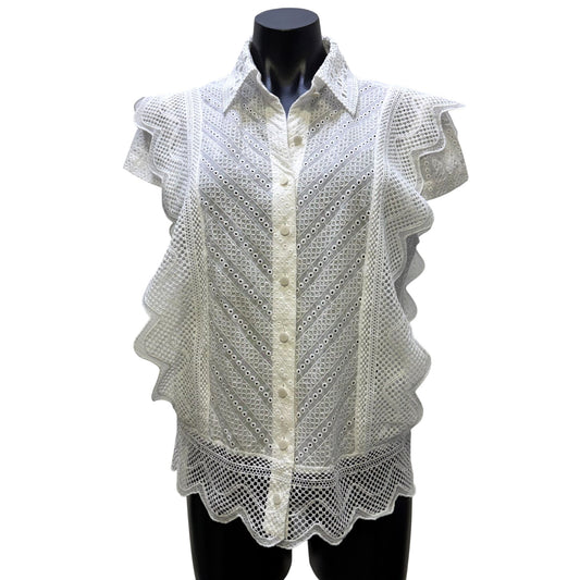 A.Z.I White Eyelet Lace Blouse With Ruffle Sleeves & Button Front M