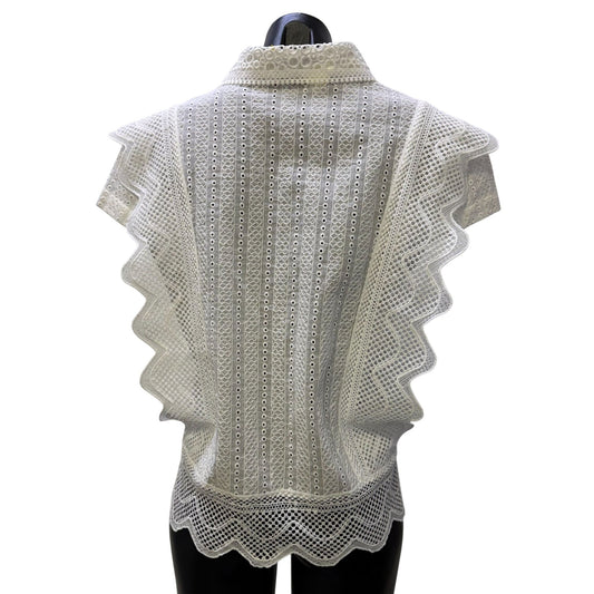 A.Z.I White Eyelet Lace Blouse With Ruffle Sleeves & Button Front M