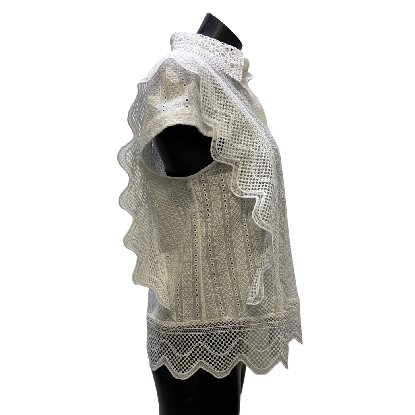 A.Z.I White Eyelet Lace Blouse With Ruffle Sleeves & Button Front M