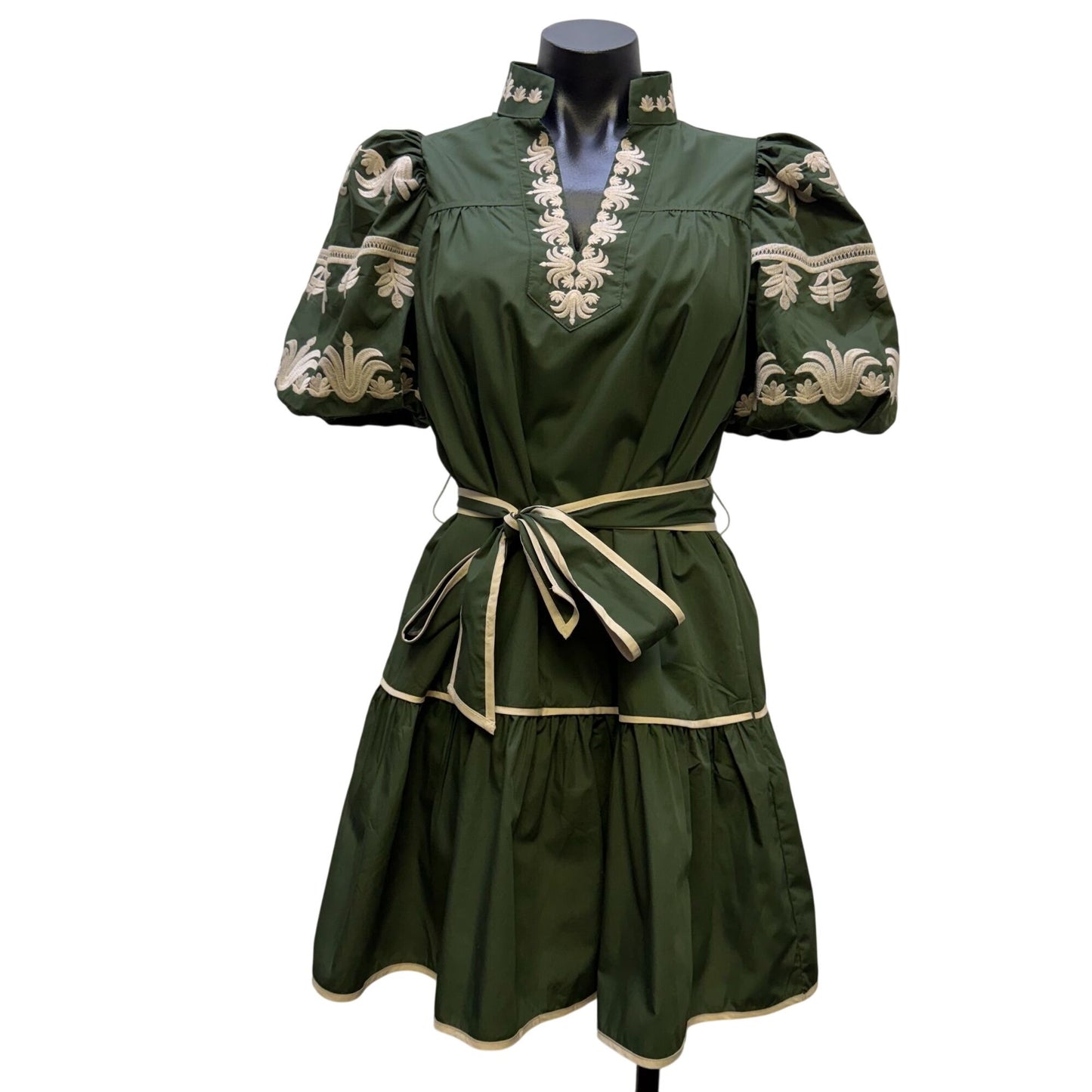 NWT Embroidered Green & Cream Puff Sleeve Mini Dress With Belt XS