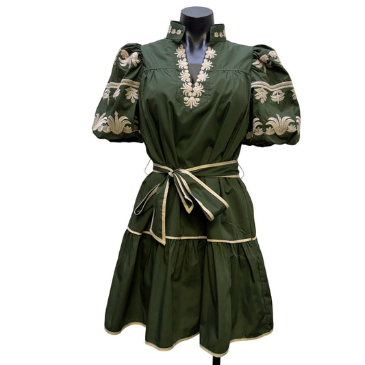 NWT Embroidered Green & Cream Puff Sleeve Mini Dress With Belt XS