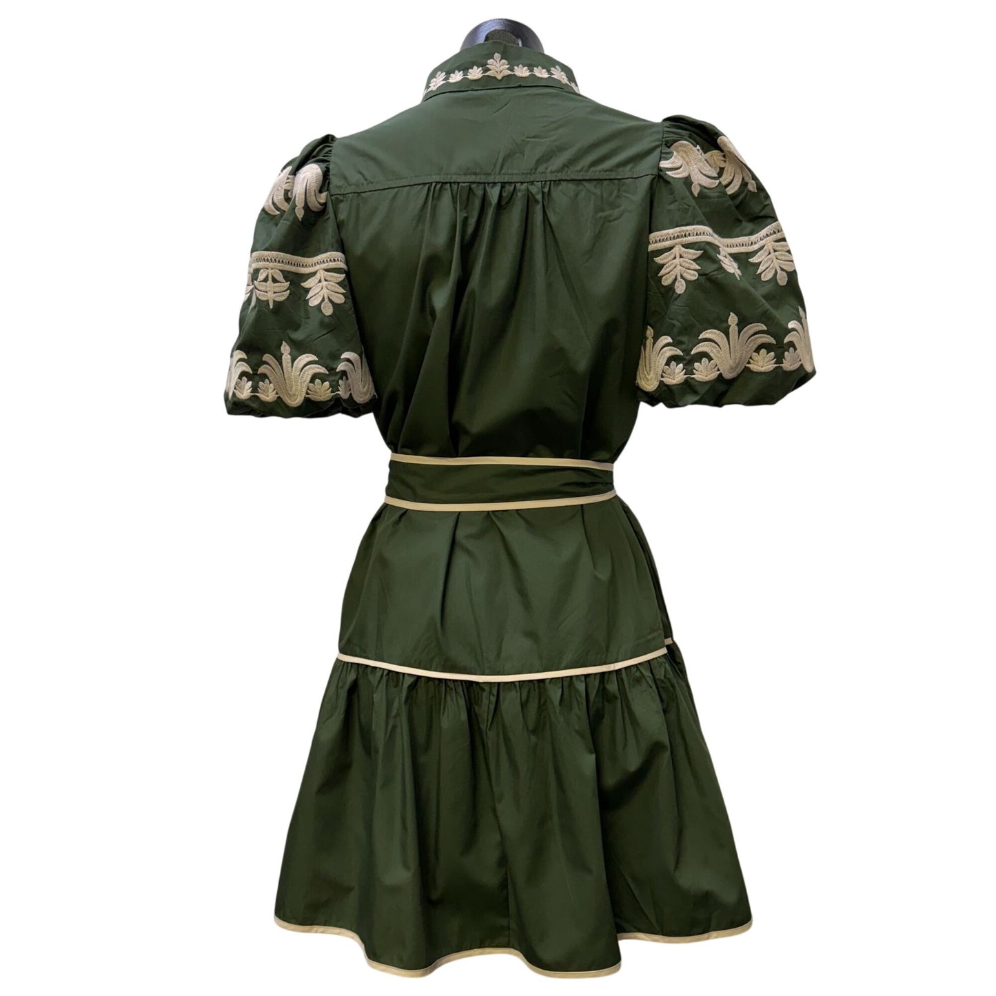 NWT Embroidered Green & Cream Puff Sleeve Mini Dress With Belt XS