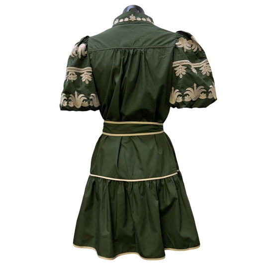 NWT Embroidered Green & Cream Puff Sleeve Mini Dress With Belt XS