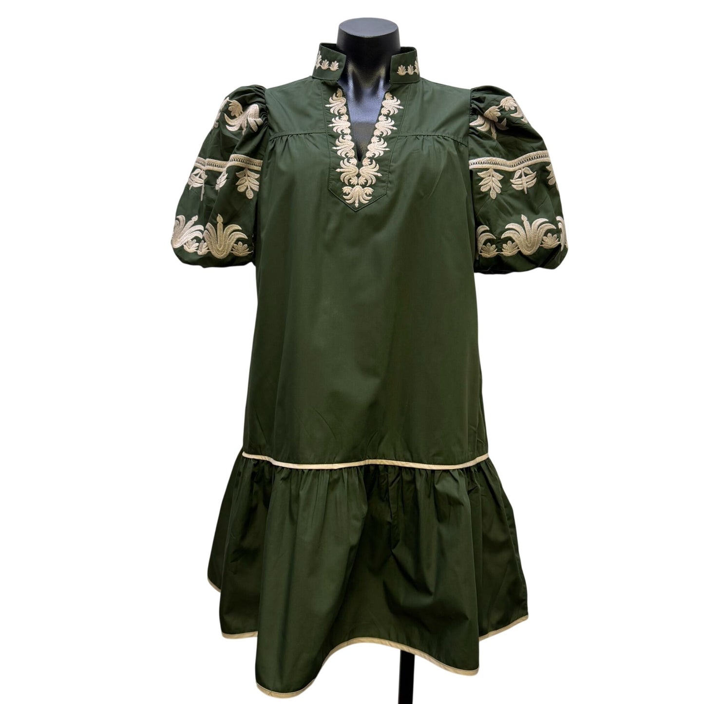NWT Embroidered Green & Cream Puff Sleeve Mini Dress With Belt XS