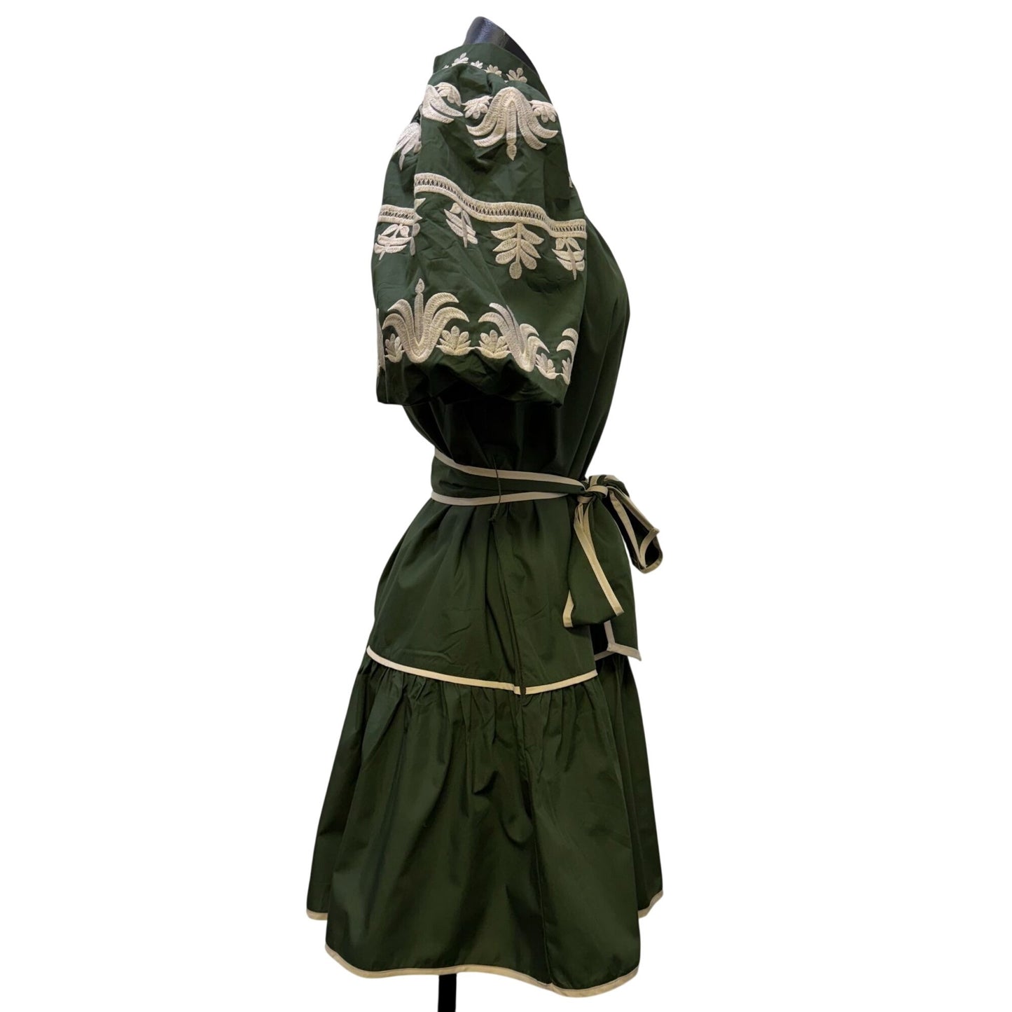 NWT Embroidered Green & Cream Puff Sleeve Mini Dress With Belt XS
