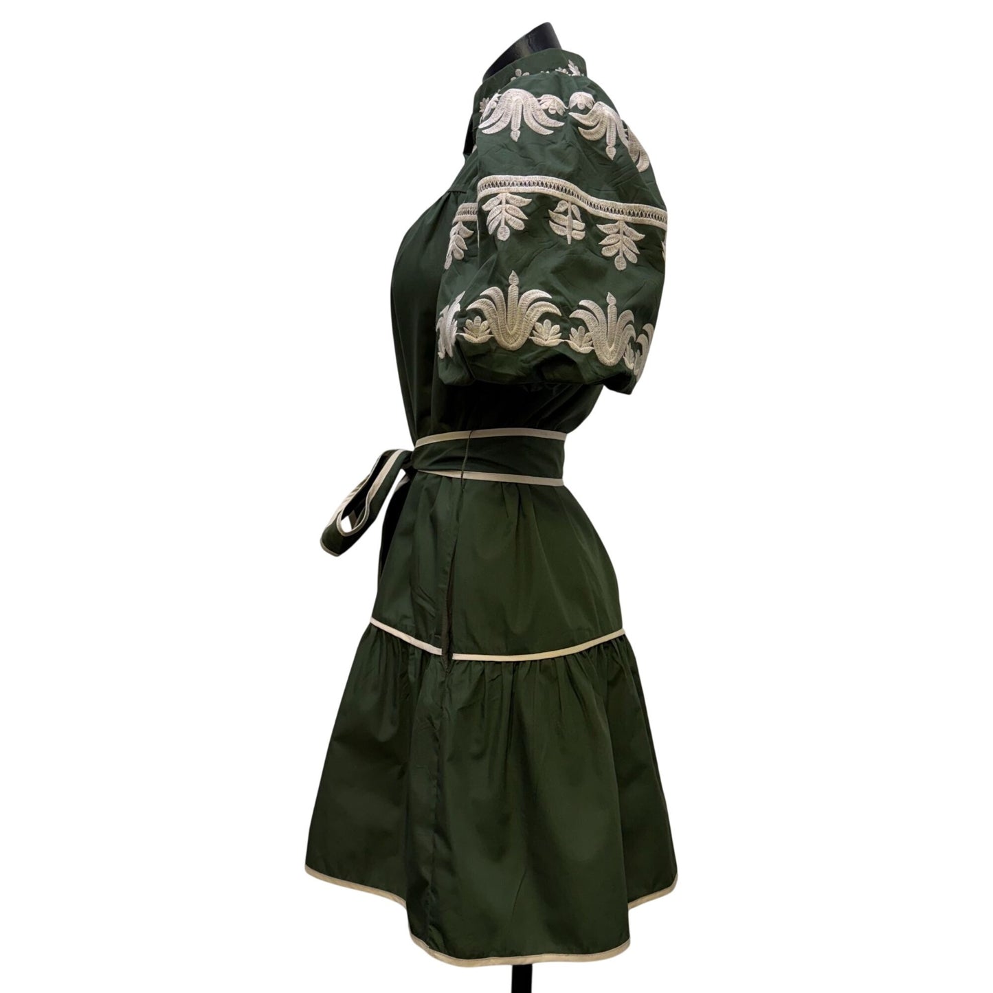 NWT Embroidered Green & Cream Puff Sleeve Mini Dress With Belt XS