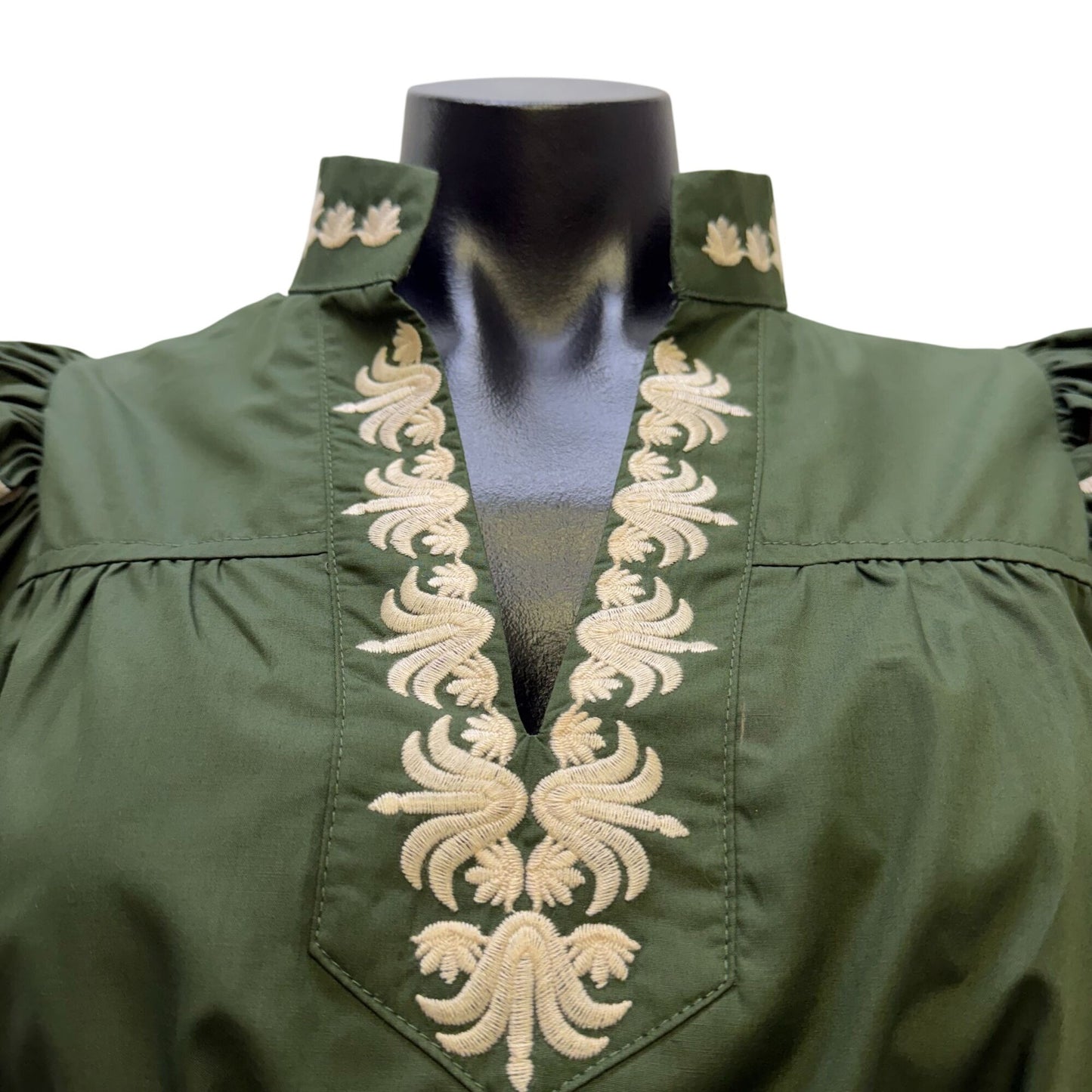 NWT Embroidered Green & Cream Puff Sleeve Mini Dress With Belt XS