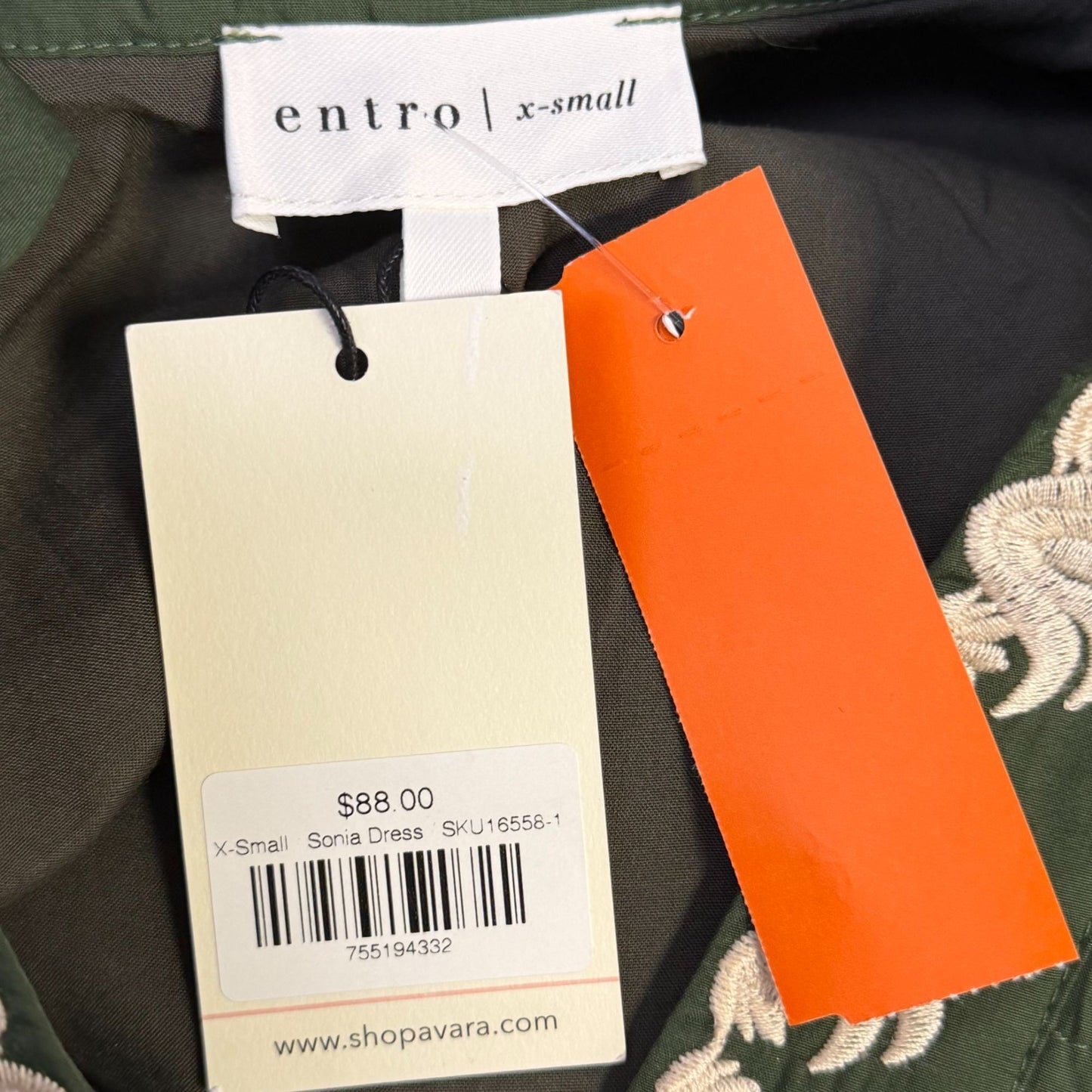 NWT Embroidered Green & Cream Puff Sleeve Mini Dress With Belt XS