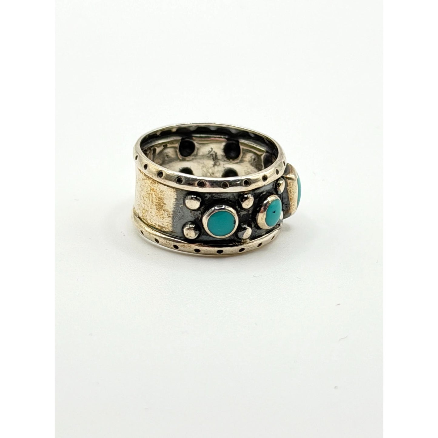 Sterling Silver 925 Turquoise Band Ring With Textured Design