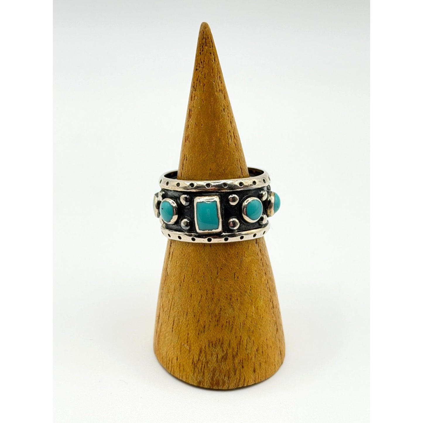 Sterling Silver 925 Turquoise Band Ring With Textured Design