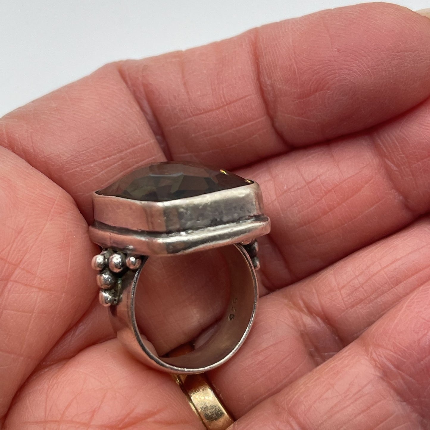 Vintage 925 Sterling Silver Faceted Brown Glass Stone Ring 6.5